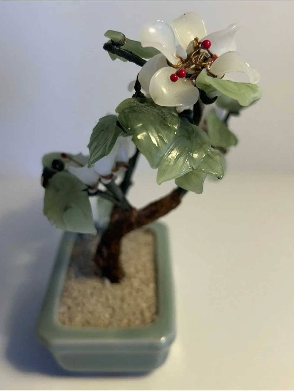 White Jade Blossom Bonsai in Pale Green Planter - Brand Unknown